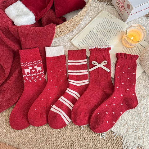 Womens Red Winter Warm Wool Blend Crew Socks Sweet Bow Knot Frill Trim Christmas Pattern Thick Knit