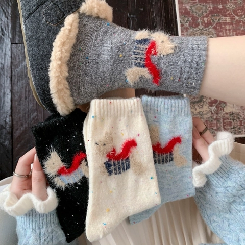 Damen Crew Socken Wollmischung Verdickt Warm Winter Cartoon Welpe Stickerei Space Dye Gesprenkelt Japanischer Stil