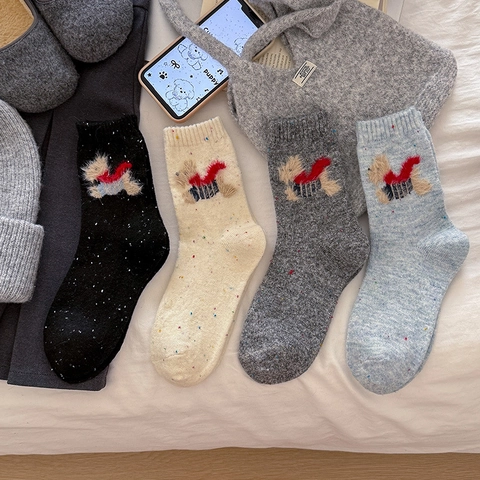 Damen Crew Socken Wollmischung Verdickt Warm Winter Cartoon Welpe Stickerei Space Dye Gesprenkelt Japanischer Stil