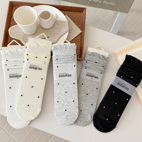 Damen Socken Baumwollmischung Atmungsaktiv Punktmuster Rüschenkante Japanischer Stil Weich Elastisch Mittelhoch