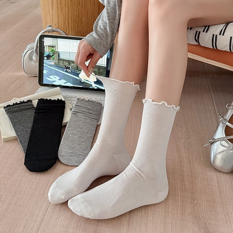 Women Crew Socks Mulberry Satin Viscose Blend Breathable Ruffle Trim Frill Edge Ballet Style Slouchy Ribbed Casual Solid Color