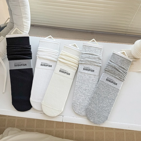 Women Cotton Blend Slouch Socks Breathable Mid Calf Ribbed Loose Korean Style Minimalist Solid Color