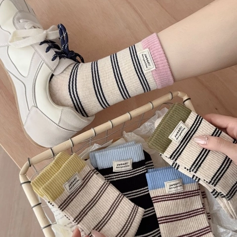 Women Striped Mid-Calf Socks Combed Cotton Breathable Boneless Toe Korean Ins Style Casual Ribbed Cuff Sweet Label