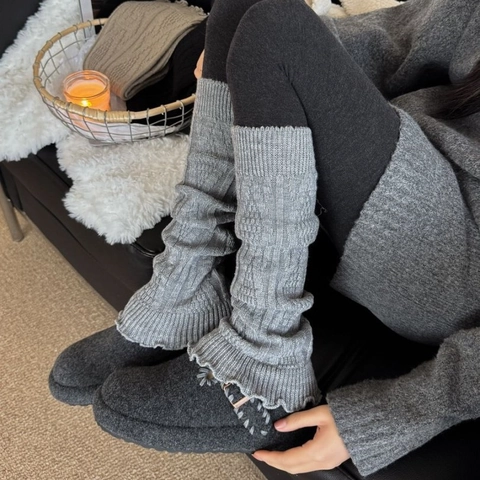 Women Cable Knit Leg Warmers Acrylic Thermal Winter Thickened Ruffle Trim Solid Color Slouchy Socks Harajuku Style