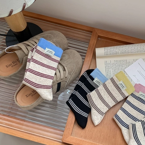 Women Striped Mid-Calf Socks Combed Cotton Breathable Boneless Toe Korean Ins Style Casual Ribbed Cuff Sweet Label