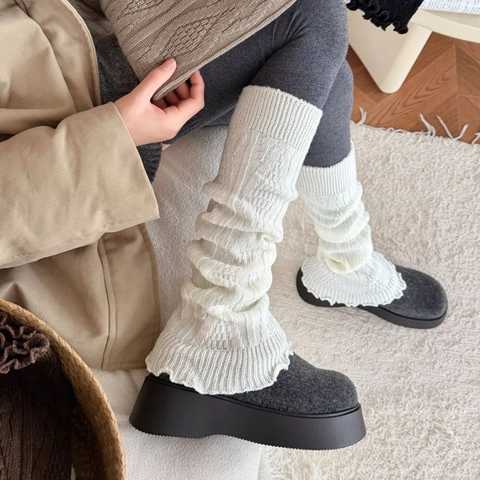 Women Cable Knit Leg Warmers Acrylic Thermal Winter Thickened Ruffle Trim Solid Color Slouchy Socks Harajuku Style