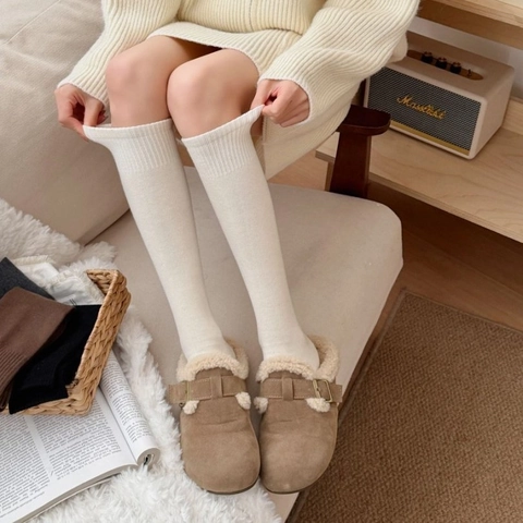 Women Winter Wool Blend Long Socks Warm Breathable Solid Color Ribbed Knit Japanese Style Casual