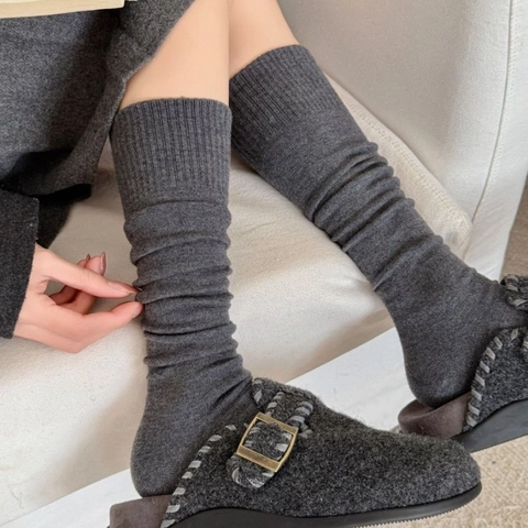 Women Winter Wool Blend Long Socks Warm Breathable Solid Color Ribbed Knit Japanese Style Casual