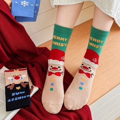 Chaussettes Mi-Mollet Noël Coton Peigné Dessin Animé Mignon Père Noël Renne Motif Vacances Hiver Femmes
