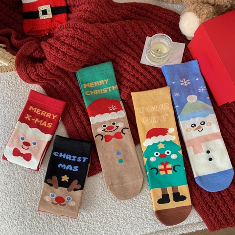 Chaussettes Mi-Mollet Noël Coton Peigné Dessin Animé Mignon Père Noël Renne Motif Vacances Hiver Femmes