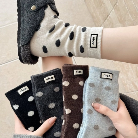Damen Crew Socken Wollmischung Verdickt Warm Thermisch Polka Dot Lässig Täglich Japanischer Stil Nice Patch
