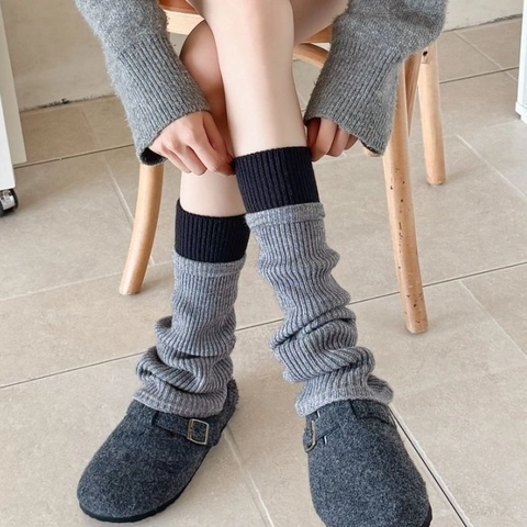 Ribgebreide Beenwarmers Acryl Mix Color Block Patchwork Winter Warm Japanse Stijl Dames Uitlopende Stulpen
