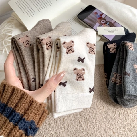 Damen Crew Socken Warm Acryl Strick Nahtlose Zehen Süßes Bärenmuster Schleife Japanischer Stil Winter Kawaii Komfort