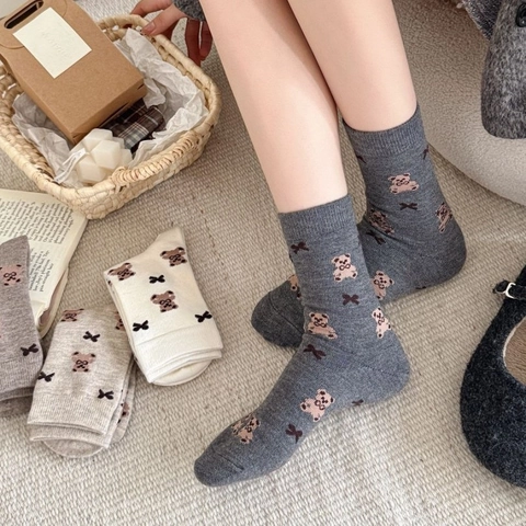 Damen Crew Socken Warm Acryl Strick Nahtlose Zehen Süßes Bärenmuster Schleife Japanischer Stil Winter Kawaii Komfort