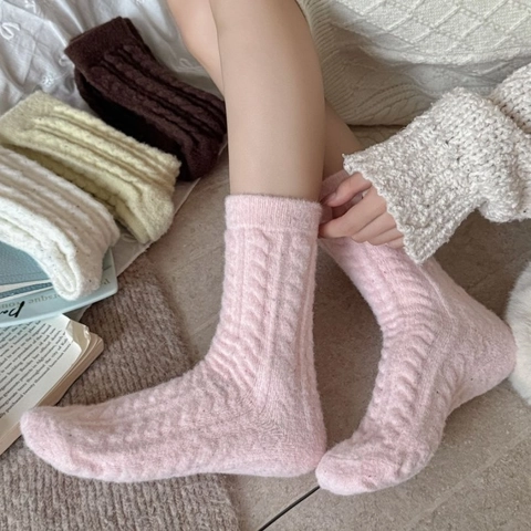 Damen Wadenlange Socken Dick Warm Zopfmuster Samt Winter Gemütlich Hausstrümpfe Einfarbig Konfetti Garn Weich Komfort