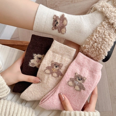 Chaussettes Mi-Hautes En Laine Pour Femmes Chaudes Hiver Style Japonais Ours En Peluche Mignon Sans Couture Kawaii