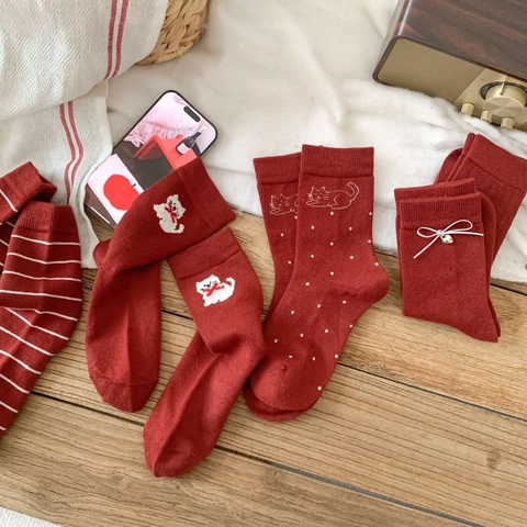 Women Mid Calf Socks Wool Blend Warm Thickened Autumn Winter Vintage Japanese Style Cat Embroidery Polka Dot Bow Red