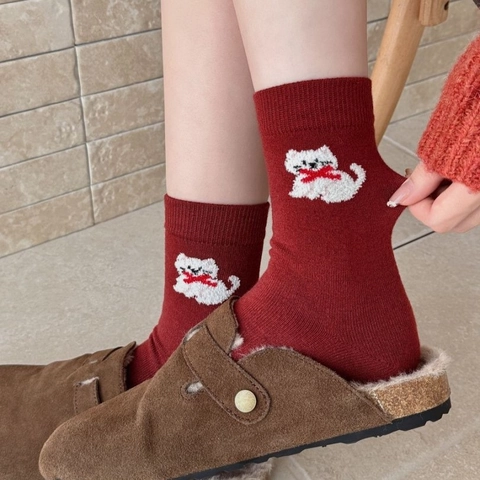 Women Mid Calf Socks Wool Blend Warm Thickened Autumn Winter Vintage Japanese Style Cat Embroidery Polka Dot Bow Red