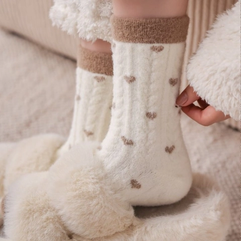 Calze A Metà Polpaccio In Maglia Di Nylon Peluche Da Donna Calde A Righe Ricamo Cuore Fiocco Casa Sonno Inverno Confortevole