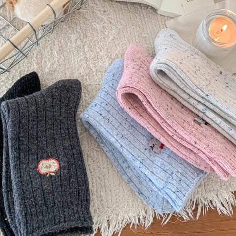 Calze Da Donna Misto Lana Filato Picchiettato Spesse Calde Maglia A Coste Inverno Ricamo Cartone Animato