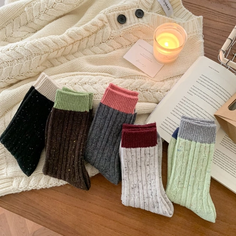 Calcetines De Mujer Mezcla De Lana Gruesos Cálidos Tejidos Bloque De Color Retro Casual Invierno
