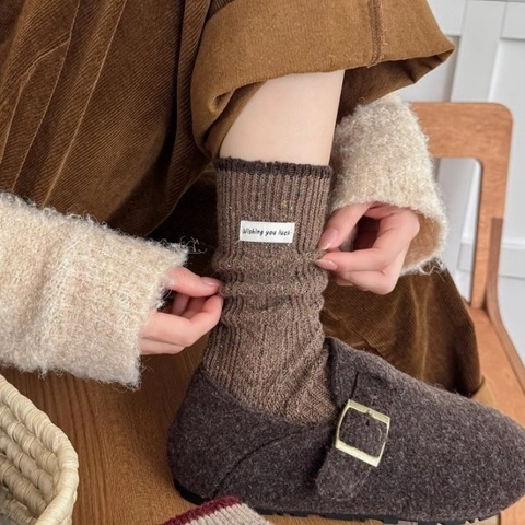 Damen Wollmischung Crew Socken Verdickt Warm Rippenstrick Buntes Punktgarn Wishing You Luck Label Lässig Winter