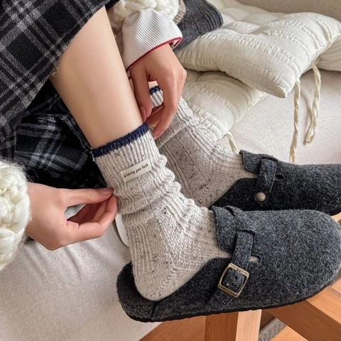 Damen Wollmischung Crew Socken Verdickt Warm Rippenstrick Buntes Punktgarn Wishing You Luck Label Lässig Winter