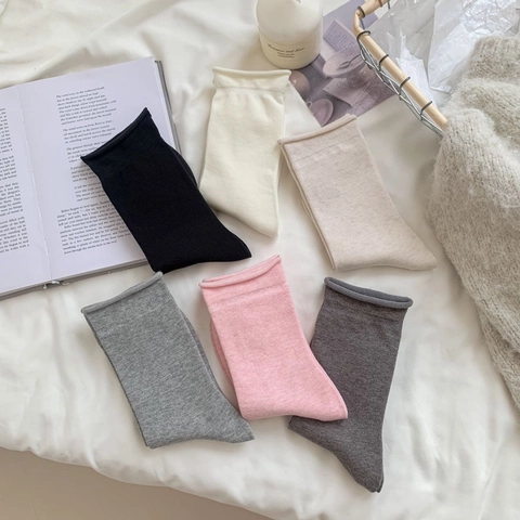 Calze al Polpaccio da Donna in Cotone Pettinato Stile Giapponese Minimalista Tinta Unita Bordo Arrotolato Traspiranti Morbide Casual Quotidiane