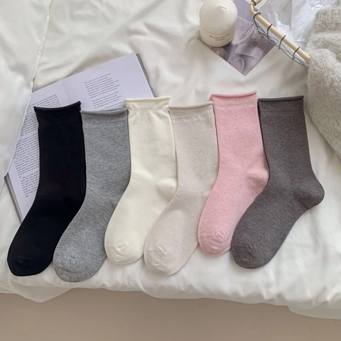 Calze al Polpaccio da Donna in Cotone Pettinato Stile Giapponese Minimalista Tinta Unita Bordo Arrotolato Traspiranti Morbide Casual Quotidiane