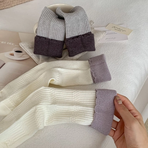 Damen Crew Socken Color Block Wellenkante Gerippt Baumwollmischung Retro Lässig Mittellang Nahtlose Zehen