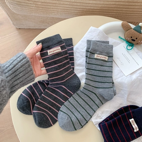 Calze A Righe Donna Misto Cotone Lana Stile Giapponese Retrò Etichetta Lettere Casual Traspirante Morbido