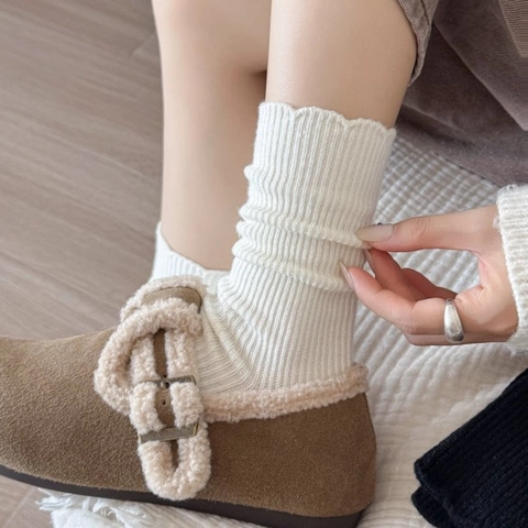 Women Crew Socks Combed Cotton Wool Blend Ribbed Knit Lettuce Trim Cuffs Casual Retro Autumn Winter Warm Solid Color