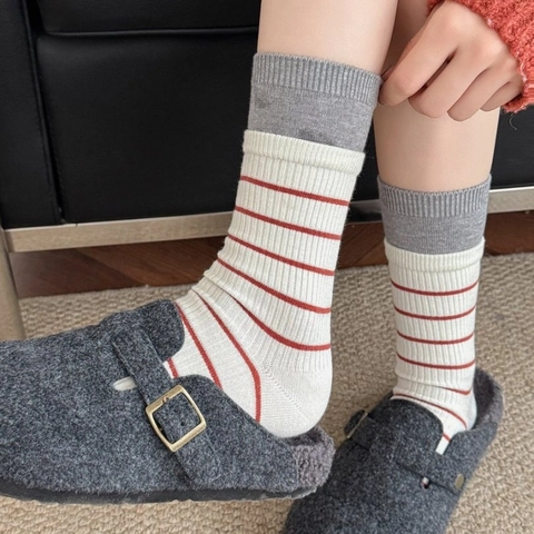 Women Striped Crew Socks Faux Wool Texture Acrylic Polyester Blend Ribbed Cuff Mid Calf Casual Collegiate Style