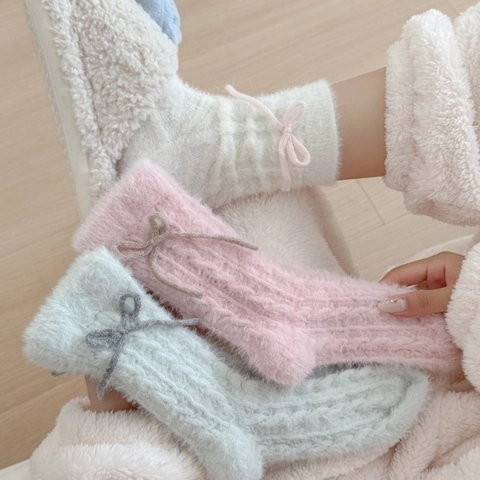 Calcetines Peludos De Media Pantorrilla Con Lazo Trenzado Terciopelo De Visón Sintético Grueso Cálidos Para Mujer