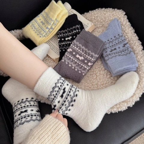 Damen Winter Verdickte Plüsch Wadenlange Socken Warm Gemütlich Weich Nordic Fair Isle Jacquard Muster