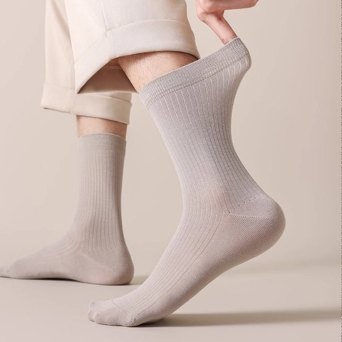 Mens Cotton Crew Socks Ribbed Breathable Antibacterial Deodorant Casual Mid Calf Dress Socks Seamless Toe Solid Color