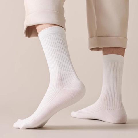 Mens Cotton Crew Socks Ribbed Breathable Antibacterial Deodorant Casual Mid Calf Dress Socks Seamless Toe Solid Color
