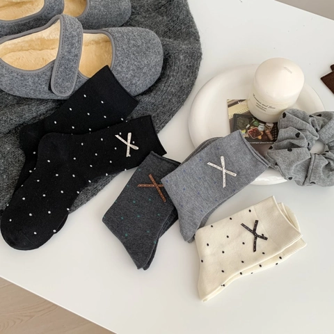Damen Crew Socken Wollmischung Polka Dot Muster Schleife Dekoration Wadenhoch Warm Herbst Winter Japanischer Stil