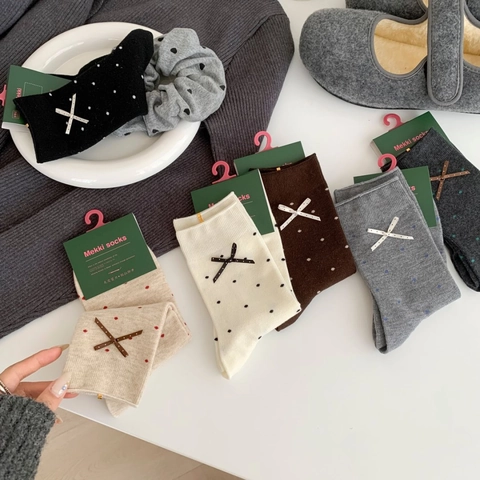 Damen Crew Socken Wollmischung Polka Dot Muster Schleife Dekoration Wadenhoch Warm Herbst Winter Japanischer Stil