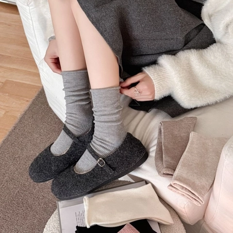 Calze Metà Polpaccio Donna Maglia A Costine Tinta Unita Bordo Arricciato Casual Morbido Autunno Inverno