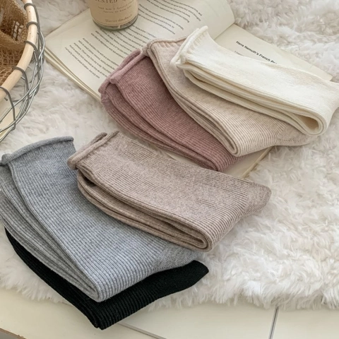 Calze Metà Polpaccio Donna Maglia A Costine Tinta Unita Bordo Arricciato Casual Morbido Autunno Inverno