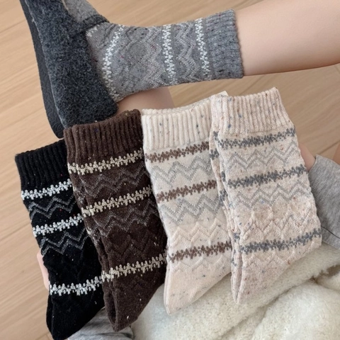 Retro Wollmischung Crew Socken Damen Gestreift Geometrisch Jacquard Dick Warm Winter Socken