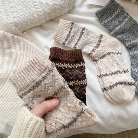 Retro Wollmischung Crew Socken Damen Gestreift Geometrisch Jacquard Dick Warm Winter Socken
