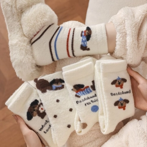 Women Winter Thickened Plush Fleece Crew Socks Warm Soft Fuzzy Dachshund Dog Embroidery Polka Dots Striped Home Hosiery