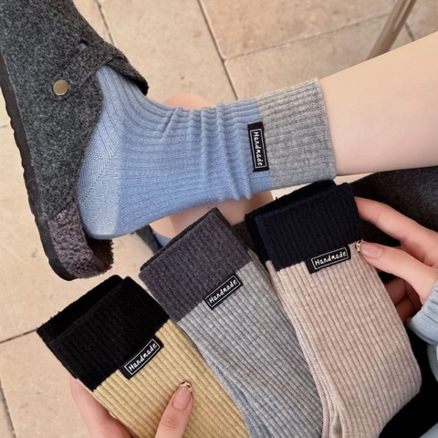 Calze Crew Da Donna In Misto Lana Maglia A Coste Color Block Soffici Calde Casual Autunno Inverno Accessori Decorati