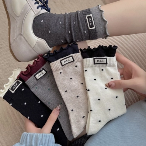 Calze Al Polpaccio Da Donna In Cotone Pettinato A Pois Con Bordo A Volant Stile Casual