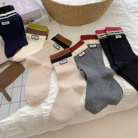Calcetines Crew Mujer Algodón Peinado Rayas Acanaladas Estilo Holgado Transpirable Suave Cálido Otoño Invierno Color Sólido