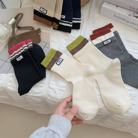 Calcetines Crew Mujer Algodón Peinado Rayas Acanaladas Estilo Holgado Transpirable Suave Cálido Otoño Invierno Color Sólido
