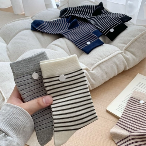 Calze Al Polpaccio A Righe Donna Cotone Pettinato Traspirante Bottone Decorativo Stile Retro Casual