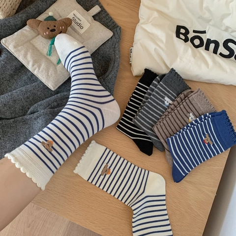 Women Striped Mid Calf Socks Combed Cotton Bear Embroidery Ruffled Cuff Breathable Kawaii Cute Casual